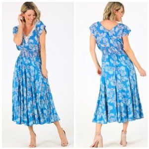Blue Floral Crochet V-Neck Smocked Maxi Dress